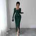 European And American Cross-Border 2025 Autumn Winter New Irregular Neck Solid Color Knitted Texture Long Dress_ecoleips.com
