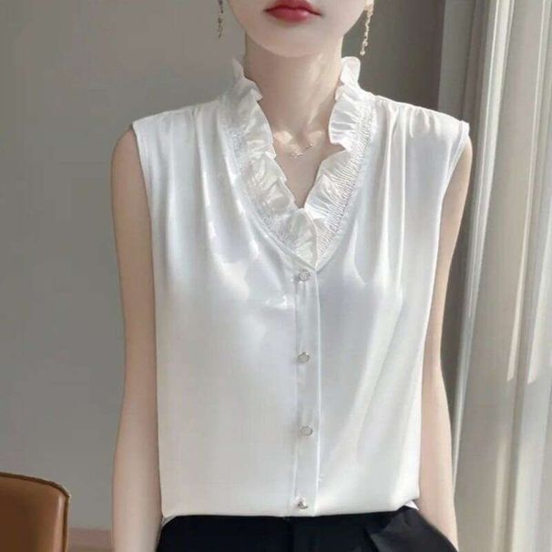 2025 V-Neck Black Fungus Border Solid Color Sleeveless Top, Fragrance Style French White Shirt, Satin Lace Vest, Small Shirt_ecoleips.com