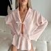 Pink Long Sleeve Shorts Loose Wrinkled Material Pajamas Two-piece Set 2026 European American Autumn And Winter New_ecoleips.com