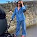Women's Clothing Fashion Washed Blue Denim Tops Straight Trousers Set_ecoleips.com
