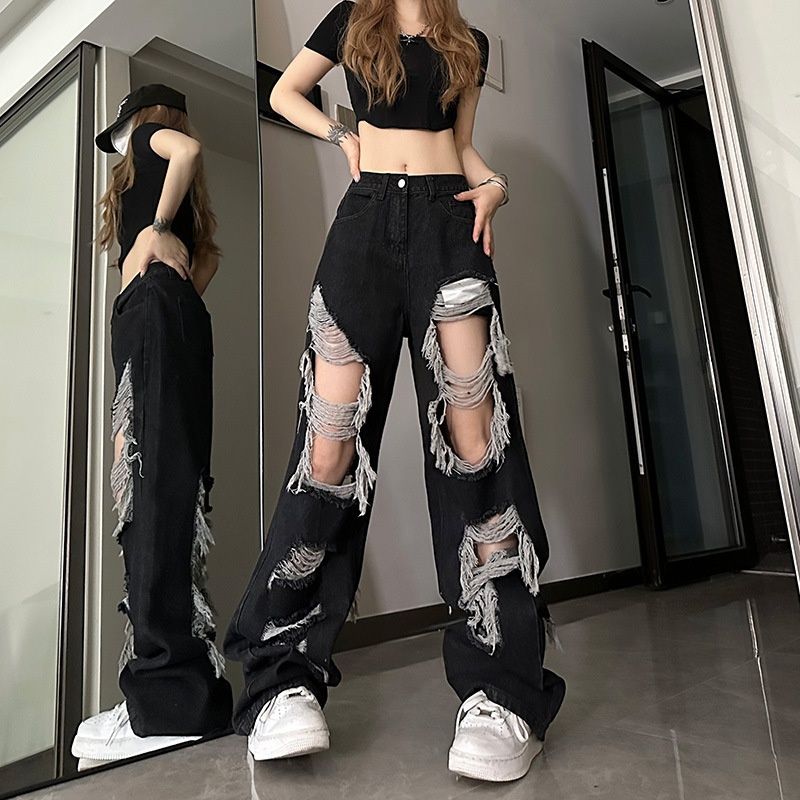 2024 Hong Kong Style Ripped Jeans For Women, Summer Straight Wide-Leg Floor-Length Pants, Loose Slimming Trendy Brand_ecoleips.com