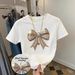 Women's Slim Fit T-Shirt Summer Style European American Bow Pearl Print round Neck Short Sleeve Casual Elegant Fashion_ecoleips.com