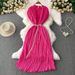 Women's Clothing Temperament Heavy Pearl Wood Ear Round Neck Dress Waist Slim Pleated Long Skirt_ecoleips.com