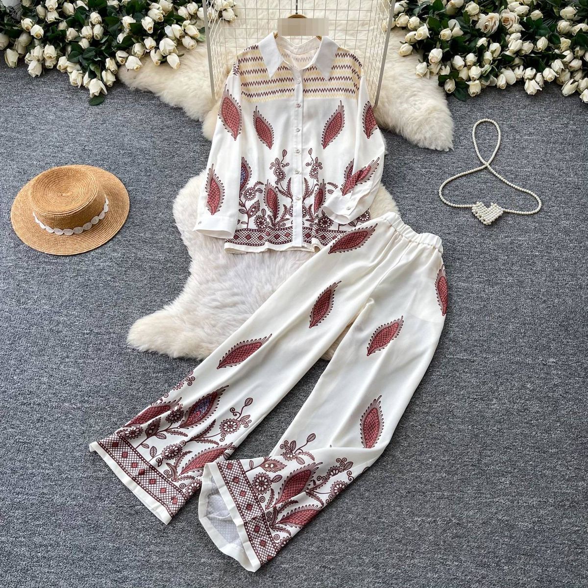 Retro Print Two Piece Set For Women Polo Collar Long Sleeve Shirt And Wide Leg Pants Elegant Commuter Suit_ecoleips.com
