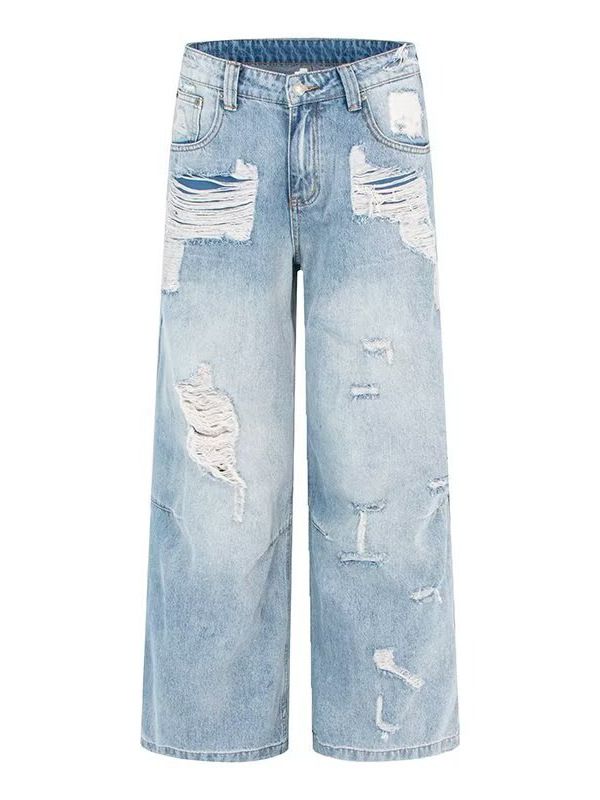 Spring Summer 2027 Fashion American Vintage Hio-Hop Light Blue Jeans Women Cotton High Waist Broken Hole Straight Type Washed Denim Pants S-3XL_ecoleips.com