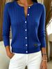 Cobalt Blue Cable Pit Rib Knit Cardigan, Loose Lightweight Breathable Soft Skin-touch Button Long Sleeve Jacket_ecoleips.com