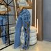 Women's Clothing High-Waisted Wide-Leg Jeans Heavy-Duty Rhinestone Cutout Design Stylish Straight-Leg Pants For Women_ecoleips.com