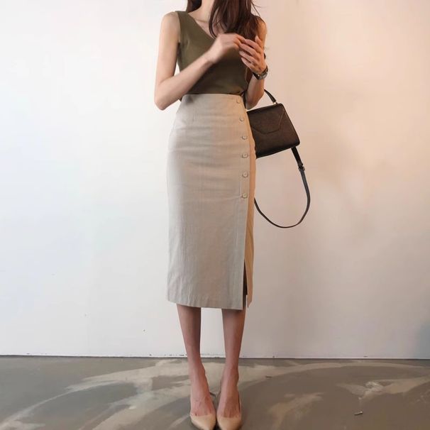 Women's High Waist Slit Wrap Skirt - New Summer Casual Midi Skirt For Work, Flowy A-Line Skirt With Side Slit, Comfortable Cotton Linen Fabric_ecoleips.com