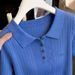 Blue Collared Knit Top For Women – Slim Fit Short Sleeve Shirt, Chic & Youthful Casual Wear_ecoleips.com