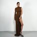 Women Elegant Formal Evening Dress, Asymmetrical One‑Shoulder Sleeve, Solid Color, High Slit Detail, Slim‑Fit Silhouette_ecoleips.com