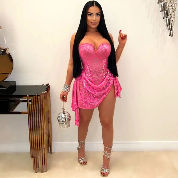 Women's Clothing Sexy V Neck Tube Top See Through Sequin Dress Female Fashion Irregular Short Skirt_ecoleips.com