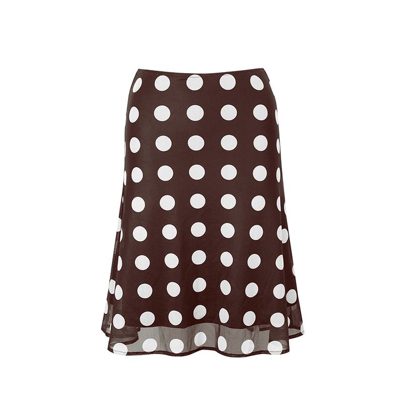 Women's Satin Polka Dot Midi Skirt High-Waist Elegant Versatile Flowy Design Brown S to L Sizes_ecoleips.com