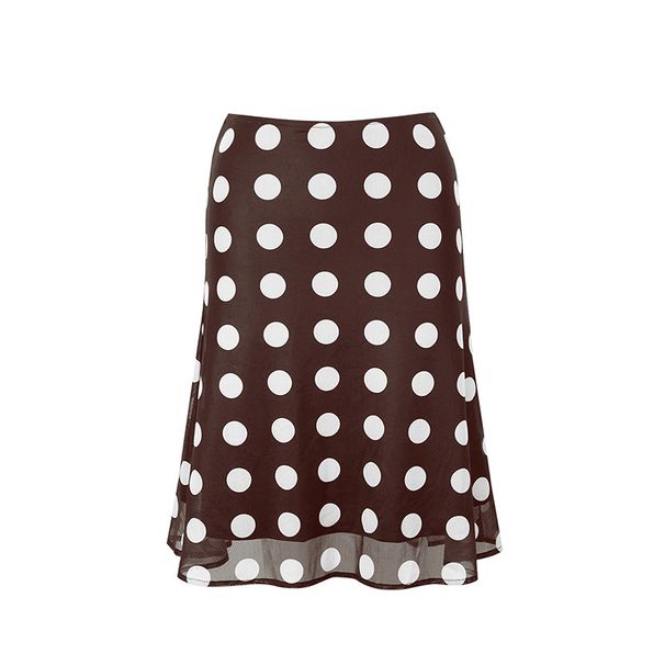 Women's Satin Polka Dot Midi Skirt High-Waist Elegant Versatile Flowy Design Brown S to L Sizes_ecoleips.com