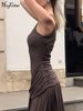 Hugcitar Women Elegant Solid Sleeveless Bandage Pleated Sexy Maxi Prom Dress Bodycon Summer Women Clothes Evening Party Vacation_ecoleips.com