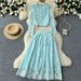 Women's Clothing Suit For Women Short Round Neck Puff Sleeve Lace Top High Waist Wide Swing Skirt Women Two Piece Suit_ecoleips.com