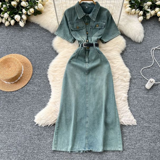 Women's Clothing Design Niche Lapel Short Sleeves Single Breasted Waist Slim Denim Dress Women's Summer Slim Long Skirt_ecoleips.com