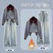 Fleece-Lined Color Block Knit Sweatshirt With Retro Drawstring Jeans Set - Winter Warm Outfit For Women & Men_ecoleips.com
