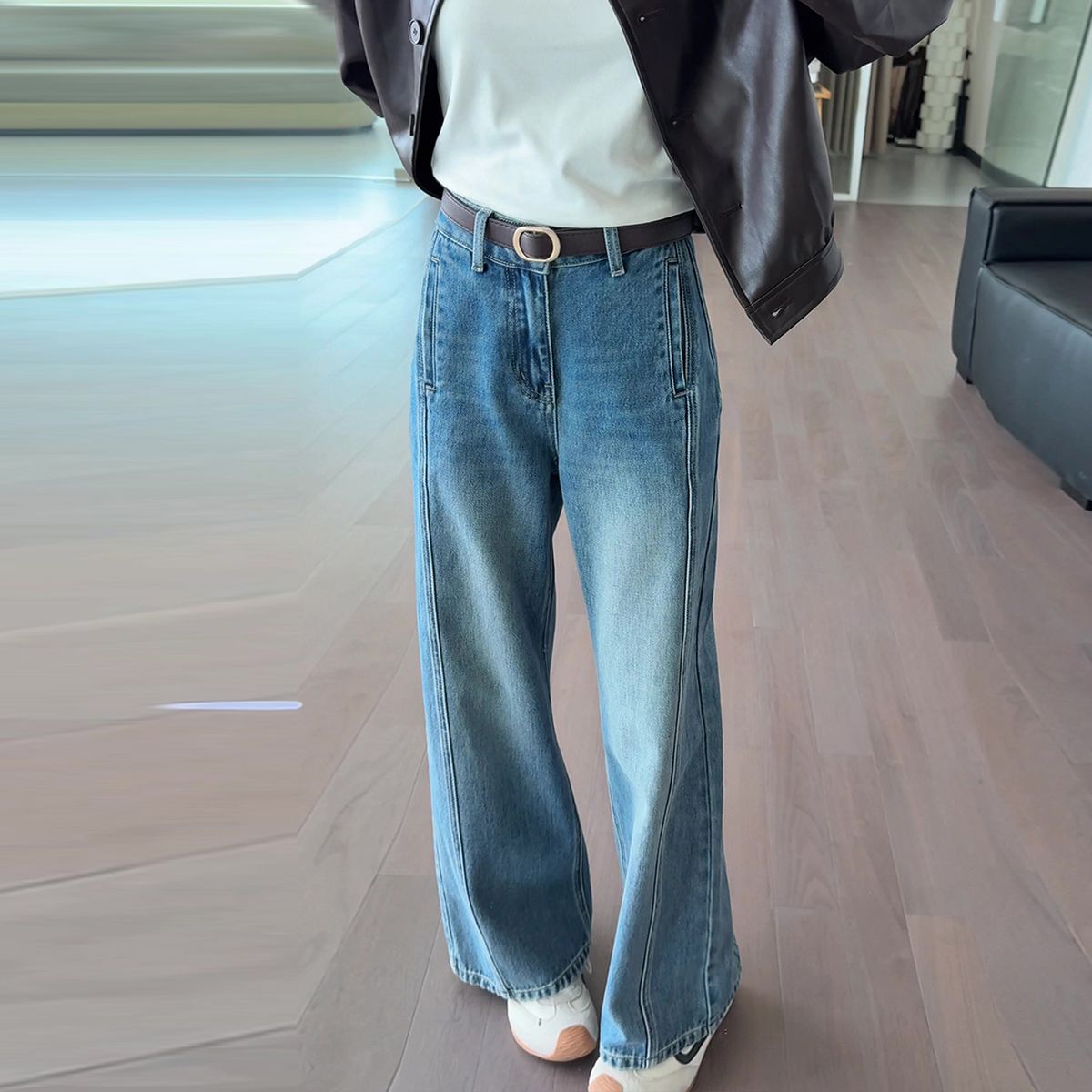 Women's Clothing Retro Blue Wide Leg Jeans High Waisted Slimming Loose Fit Versatile Straight Leg Curved Trousers For Women Autumn_ecoleips.com
