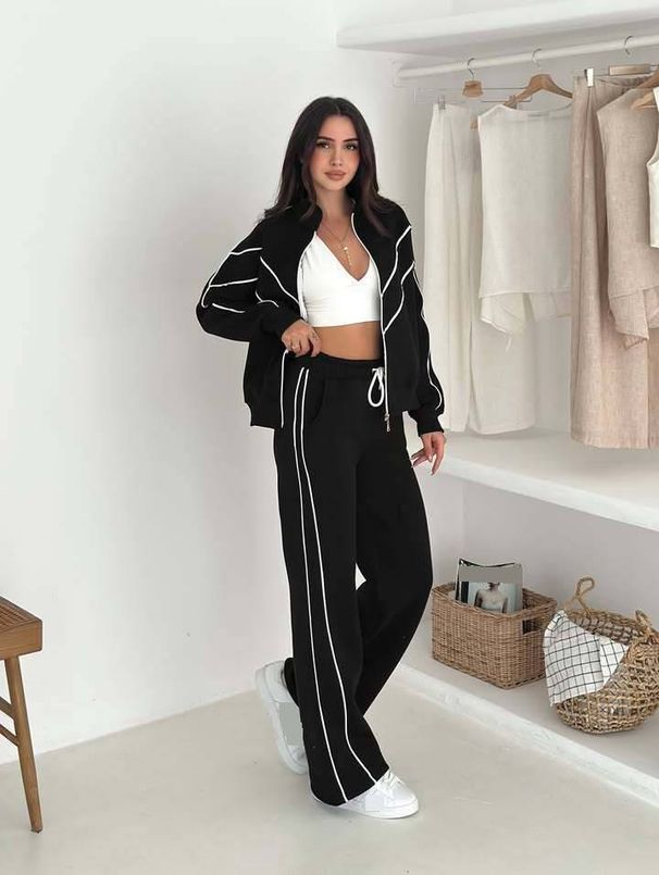 Women's Casual Street Style Set Long Sleeved Collared Cardigan Elastic Fit Pants Two Piece Outfit_ecoleips.com