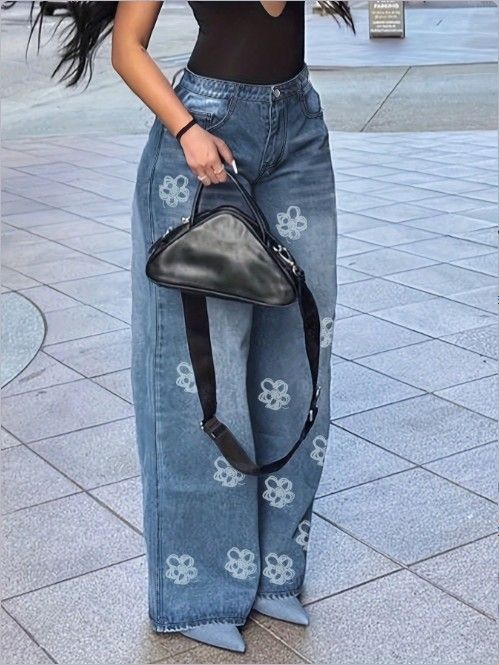 Women's Floral Print Denim Pants – High-Stretch Cotton, Relaxed Fit, Boho-Chic Streetwear (S-XXL, Mid-Rise, Classic Blue Wash)_ecoleips.com
