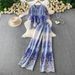 Women's Two Piece Set Round Neck Top With Gradient Pink Embroidered Pearl Buttons Loose Wide Leg Pants Gentle Feminine_ecoleips.com