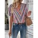 Women's Clothing Summer V Neck Women's Top Ethnic Stripe Print Short Sleeved Best Selling For Formal & Casual For Women_ecoleips.com