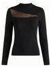 Women Lightweight Breathable Ribbed Knit Sweater, Mock Neck Mesh Cutout Beaded Long Sleeve Slim Fit Elegant Daily Knitted Top_ecoleips.com