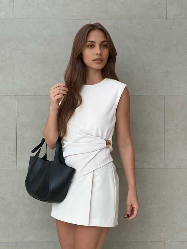 Women's Short Skirt Sleeveless Round Neck Top Two-piece Fashion Waist Solid Color Half-body Skirt Commuter Two-piece Set_ecoleips.com