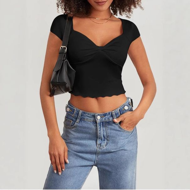 Women's V-Neck Short Sleeve T-Shirt With Ruffle Hem Detail, Slim Fit Fashion Top For Daily Wear_ecoleips.com