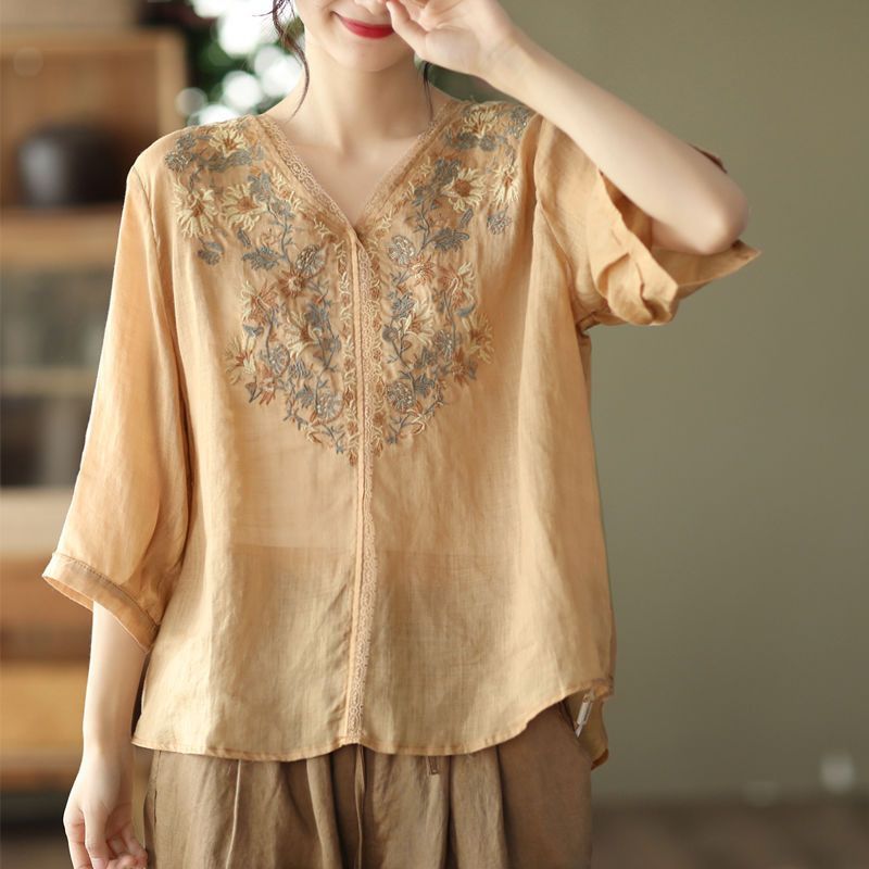 Artistic Retro Heavy Industry Embroidery Summer Cotton And Linen Ethnic Style Top Women's Lace Stitching V-Neck Elegant_ecoleips.com