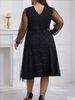 Plus Size Sparkle Mesh V-Neck Party Dress – Elegant Long Sleeve Bodycon Gown With Sheer Dot Panels – Stretchy Polyester-Spandex Blend (Sizes 1XL-5XL)_ecoleips.com