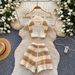 Women's Resort Style Color Blocked Knit Camisole High-Waisted Shorts Two-Piece Set Hollow Out Summer Fashion_ecoleips.com