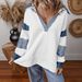 2025 European And American Casual Versatile Deep V-Neck Pullover Striped Color Block Long Sleeve_ecoleips.com