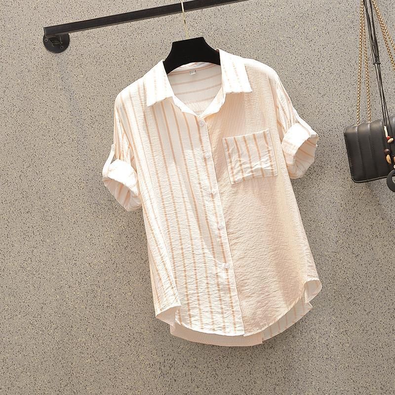 Women's Clothing Slightly Fat And Thin Striped Tops Large Size All Match Fat Girl Age Reducing Shirt_ecoleips.com