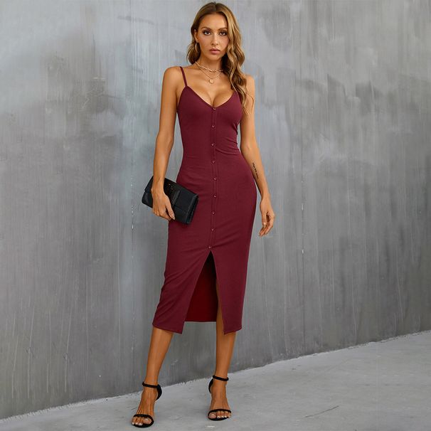 2026 European And American Women' Fahion New Hot Sexy Slit V-neck Slim Fit Bodycon Vacation Party Spaghetti Strap_ecoleips.com