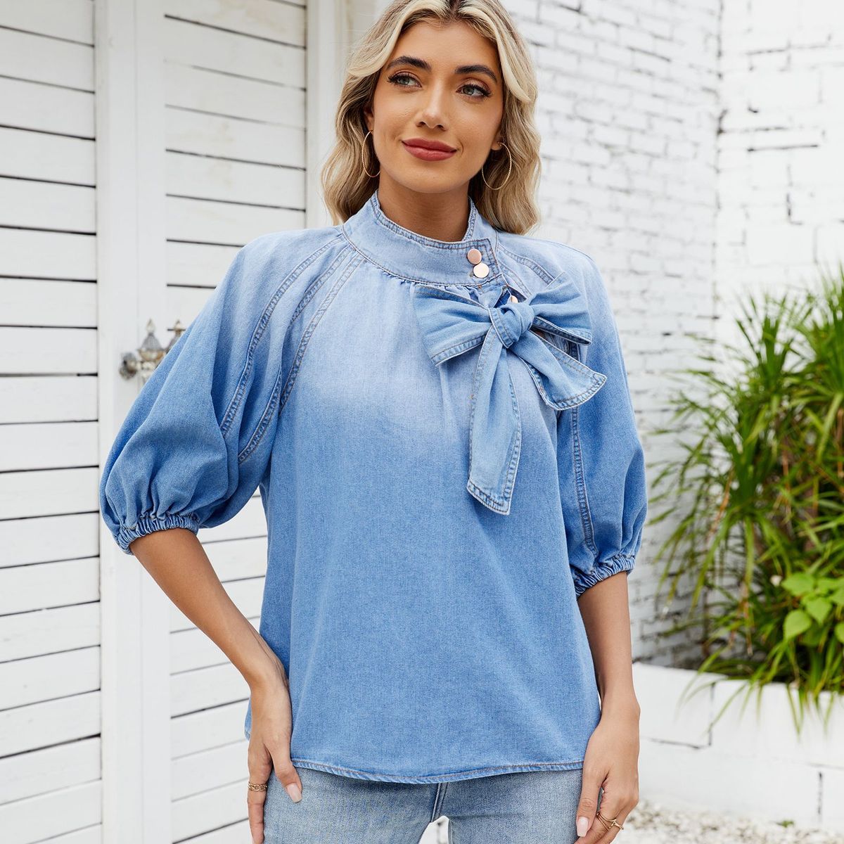 Women's Clothing Spring New Retro Loose Neckline Tie Denim Shirt Bow Tie Top Women_ecoleips.com