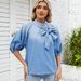 Women's Clothing Spring New Retro Loose Neckline Tie Denim Shirt Bow Tie Top Women_ecoleips.com