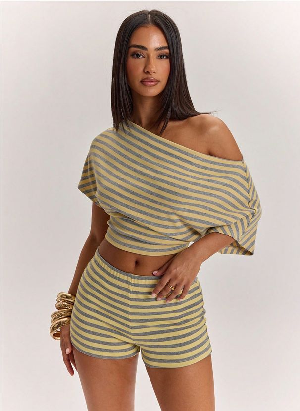 Hot-selling Striped Slanted Shoulder Loose Shoulder Top High Waist Shorts Set, Slim Two Pieces_ecoleips.com