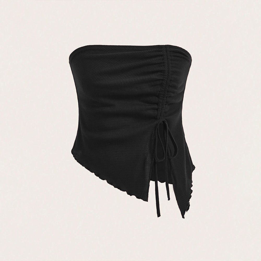 Women's Clothing Summer New Style Drawstring Slit Irregular Waffle Slim Fit Tube Top Vest Top_ecoleips.com