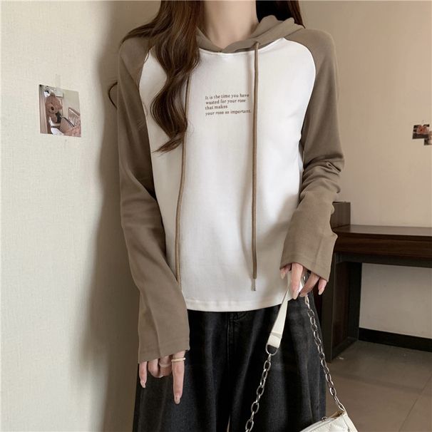 Real Shot Of Foreign Trade American-style Color-blocked Hooded T-shirt For Women, Long-sleeved, Spring And Autumn Wear,_ecoleips.com