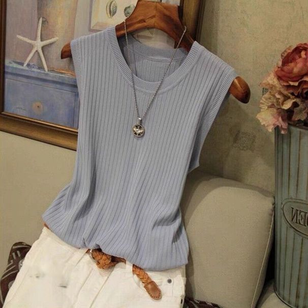 Summer New Women's Oversized Vest Round Neck Sleeveless Ice Silk Top Thin Solid Color Knitwear_ecoleips.com