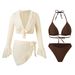 Women's Long-Sleeve Cover-Up & Bikini Set – Lace Trim & Adjustable Ties | 4-Piece Swimwear | Black/White/Apricot | S/M/L/XL_ecoleips.com