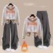 Korean Streetwear Set: Oversized Fleece Hoodie + American Vintage Cargo Pants (Cotton Blend, Unisex Winter Loungewear With Retro Vibes)_ecoleips.com
