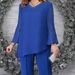 Elegant Plus Size Women's Evening Pantsuit Set With Embellished Rhinestones - Flowy Chiffon Wide Leg Trousers & Bell Sleeve Blouse_ecoleips.com
