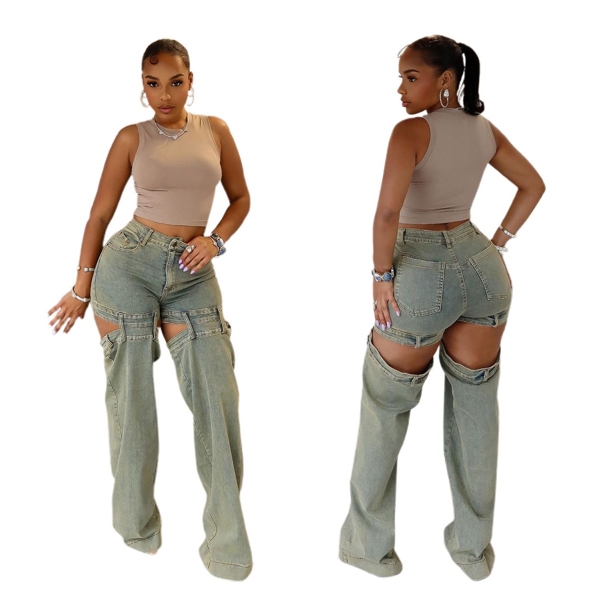 European And American Style Women's Straight Leg Jeans Retro Washed Hollowed out Denim Street Fashion Cross Border Clothing for Women_ecoleips.com