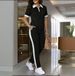 Women's Spring/Summer Collared Zipper Color Blocked T-Shirt Set with Elastic Waist Loose Pants Casual Everyday Outfit_ecoleips.com