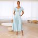 Women's Solid Color V-Neck Long Puff Sleeve Slimming Dress European American Style Cross Border Fashion 2025_ecoleips.com
