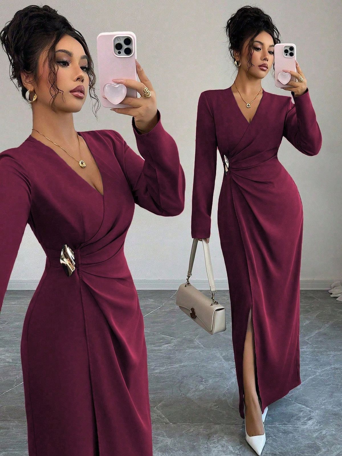 Elegant Women's V-Neck Long Sleeve Midi Dress Slim Fit Solid Color Casual Dress for Women_ecoleips.com