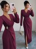 Elegant Women's V-Neck Long Sleeve Midi Dress Slim Fit Solid Color Casual Dress for Women_ecoleips.com