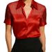 Elegant V-Neck Satin Sheer Striped Short Sleeve Shirt For Office & Casual Wear - Breathable & Stylish_ecoleips.com